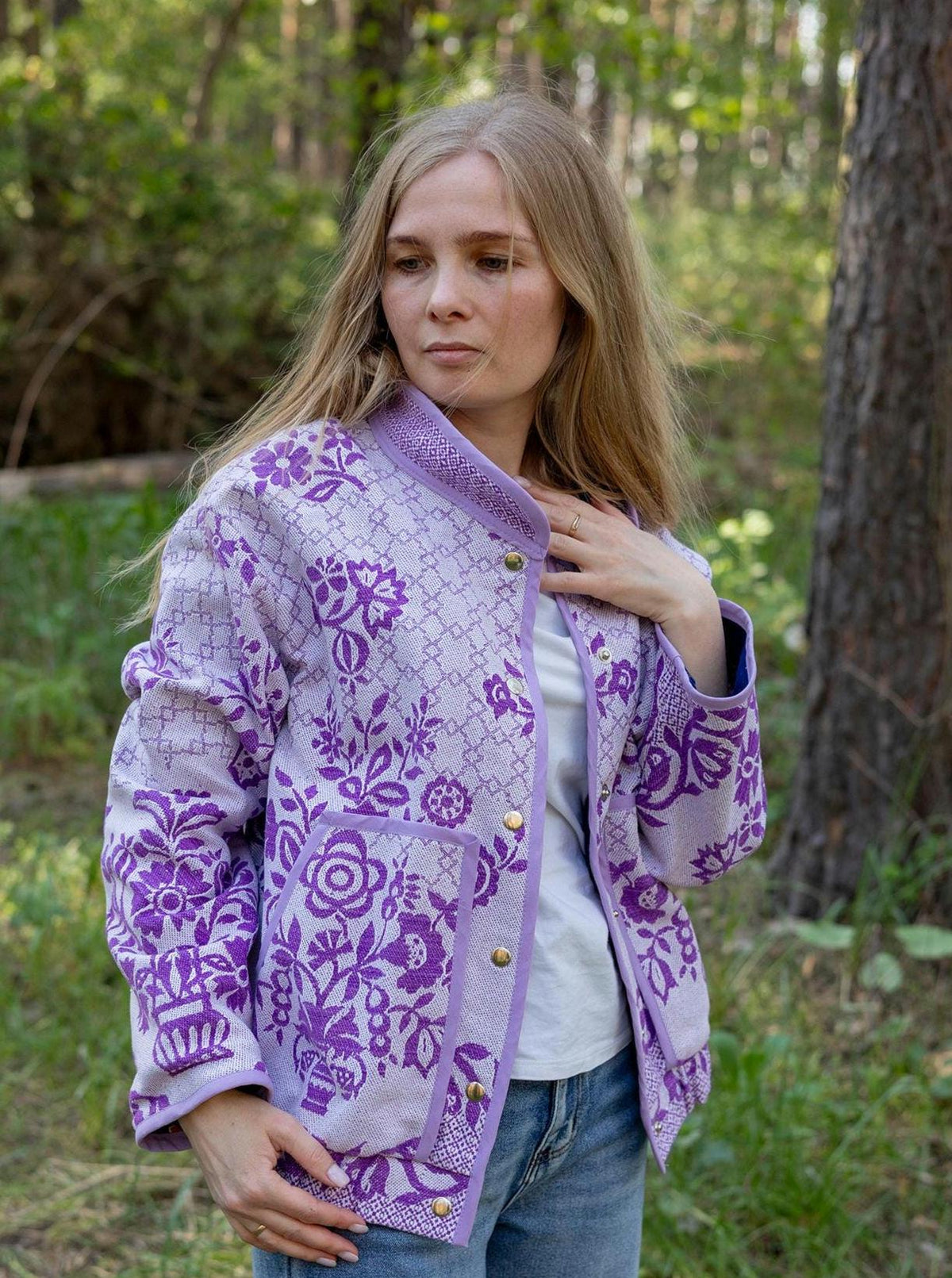Upcycled Floral Quilt Bomber Jacket, Oversized Purple Statement Coat, Sustainable M/L