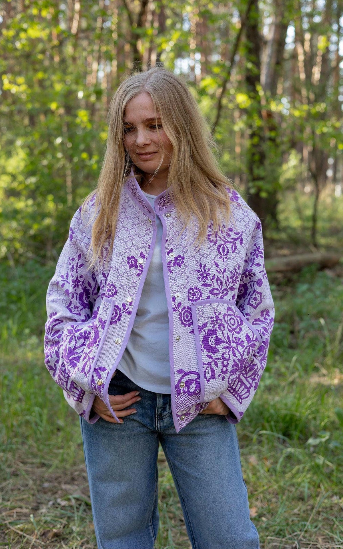 Upcycled Floral Quilt Bomber Jacket, Oversized Purple Statement Coat, Sustainable M/L