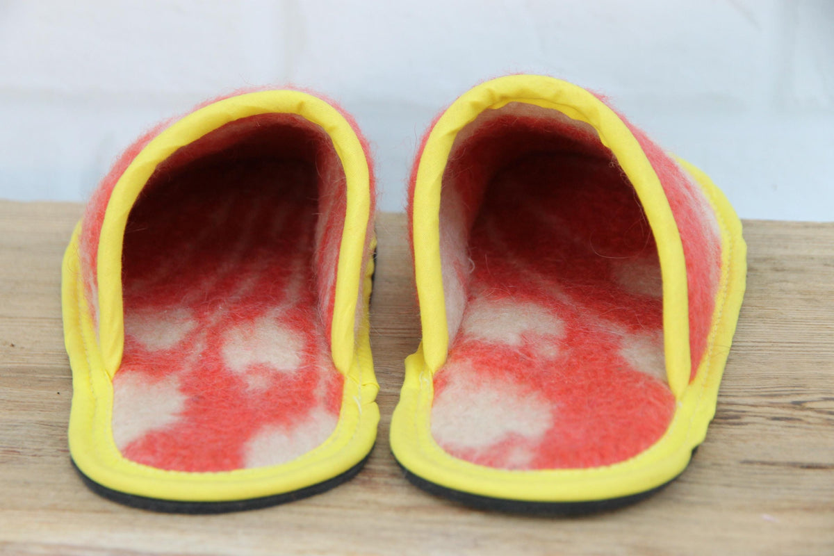 Upcycled Wool Blanket Slippers, Red Cream Slides, Yellow Trim, Women's Size 6.5