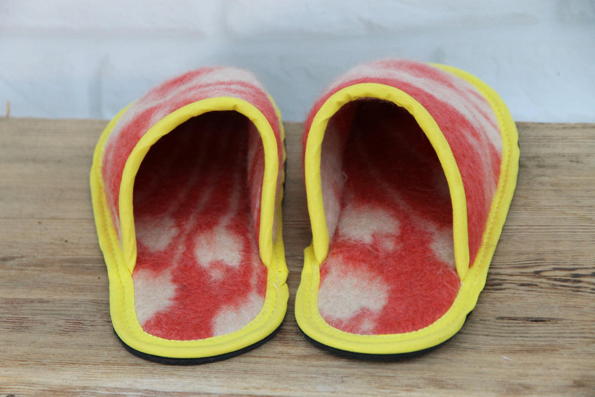 Upcycled Wool Blanket Slippers, Red Cream Slides, Yellow Trim, Women's Size 6.5