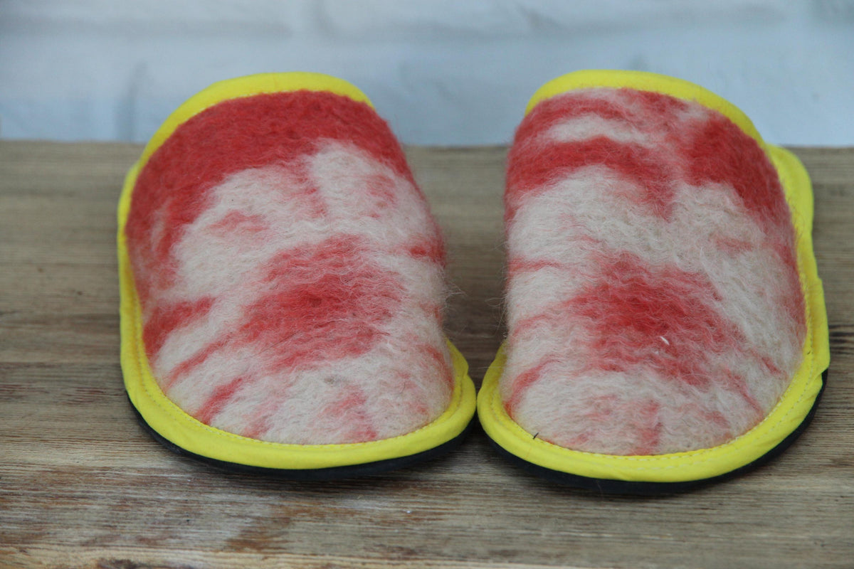 Upcycled Wool Blanket Slippers, Red Cream Slides, Yellow Trim, Women's Size 6.5