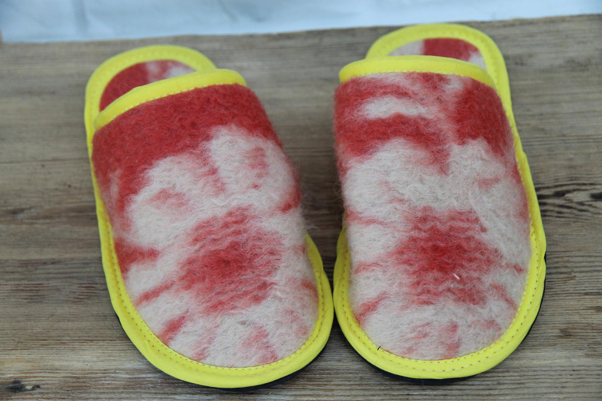 Upcycled Wool Blanket Slippers, Red Cream Slides, Yellow Trim, Women's Size 6.5