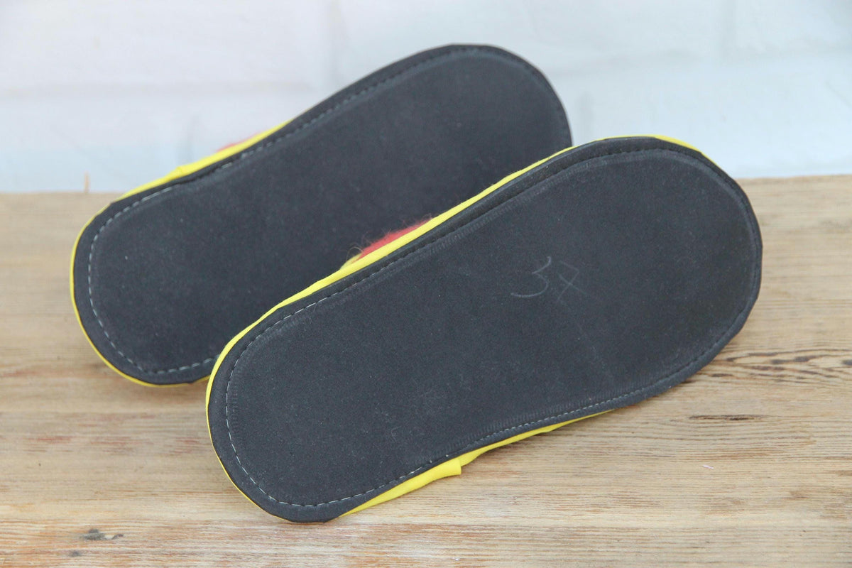 Upcycled Wool Blanket Slippers, Red Cream Slides, Yellow Trim, Women's Size 6.5
