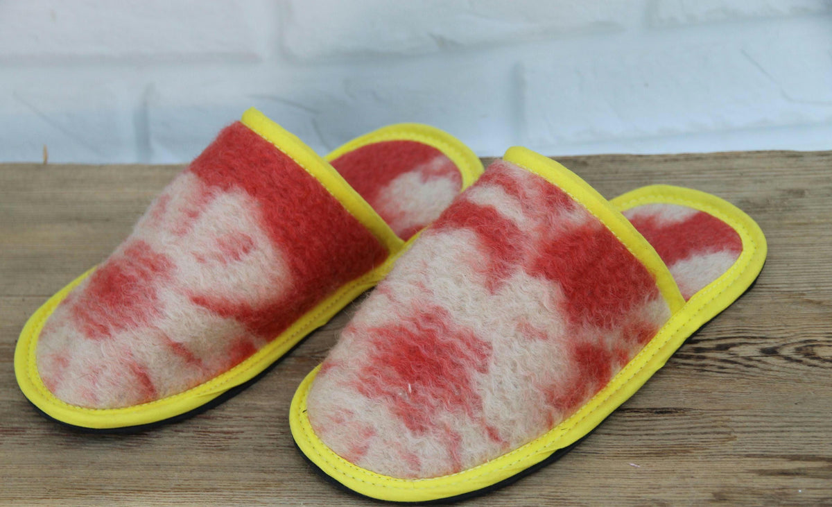 Upcycled Wool Blanket Slippers, Red Cream Slides, Yellow Trim, Women's Size 6.5