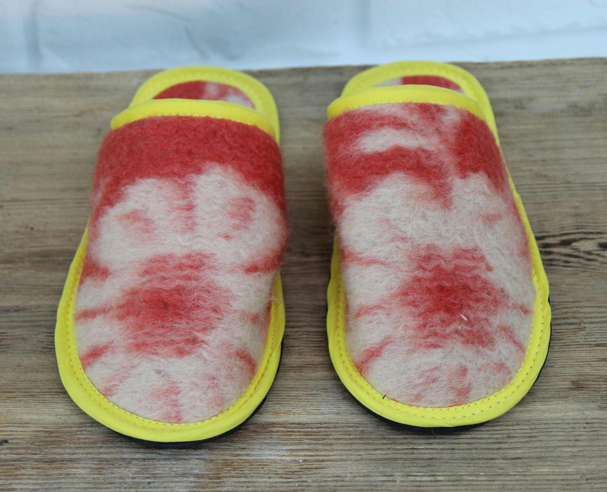 Upcycled Wool Blanket Slippers, Red Cream Slides, Yellow Trim, Women's Size 6.5