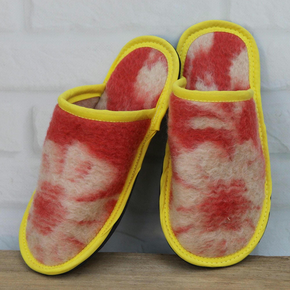 Upcycled Wool Blanket Slippers, Red Cream Slides, Yellow Trim, Women's Size 6.5