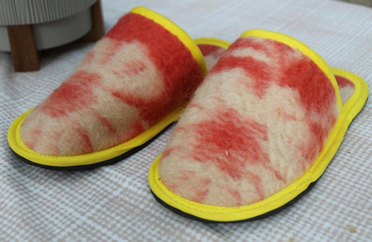 Upcycled Wool Blanket Slippers, Red Cream Slides, Yellow Trim, Women's Size 6.5