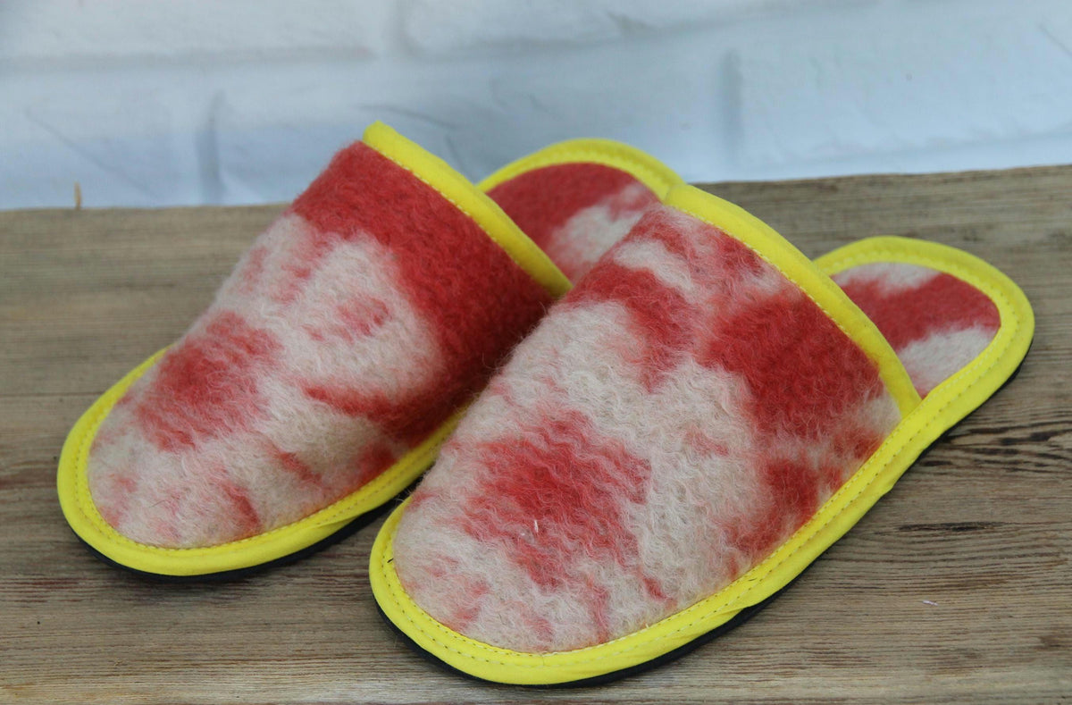 Upcycled Wool Blanket Slippers, Red Cream Slides, Yellow Trim, Women's Size 6.5