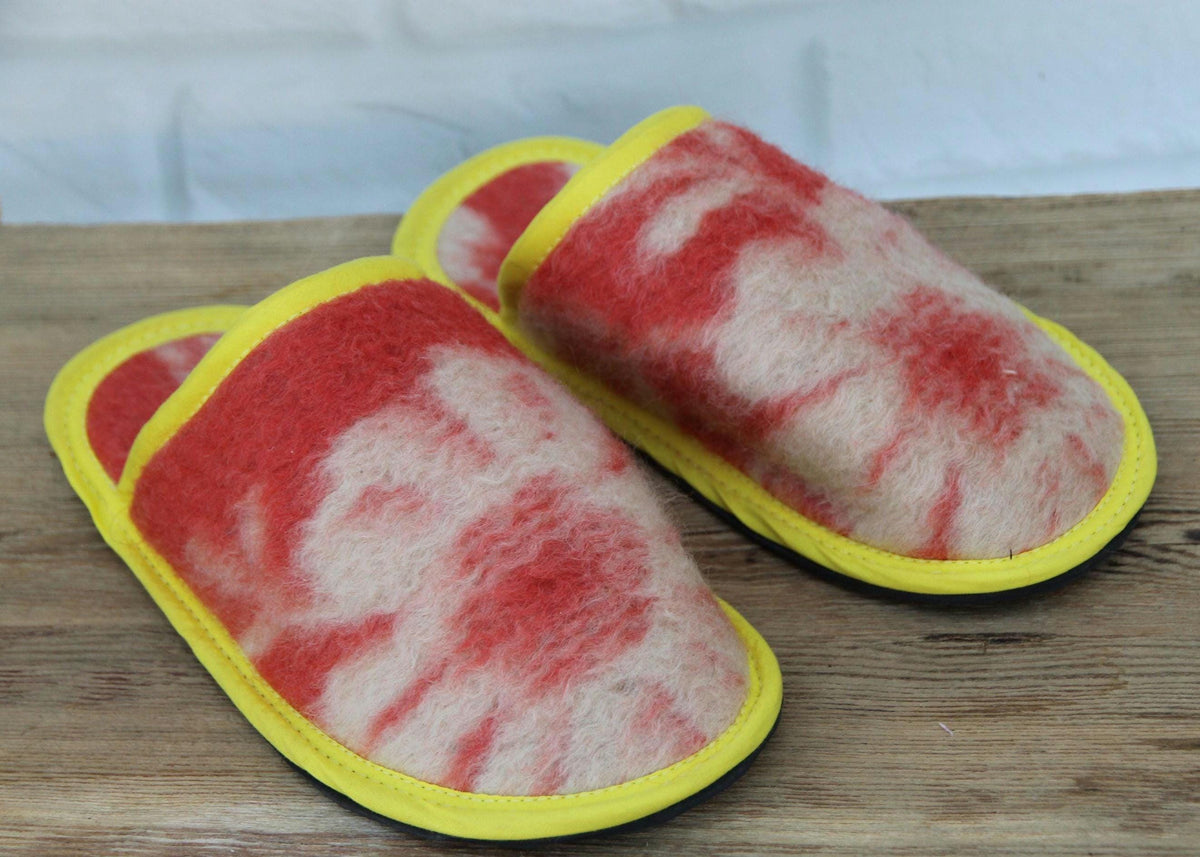 Upcycled Wool Blanket Slippers, Red Cream Slides, Yellow Trim, Women's Size 6.5