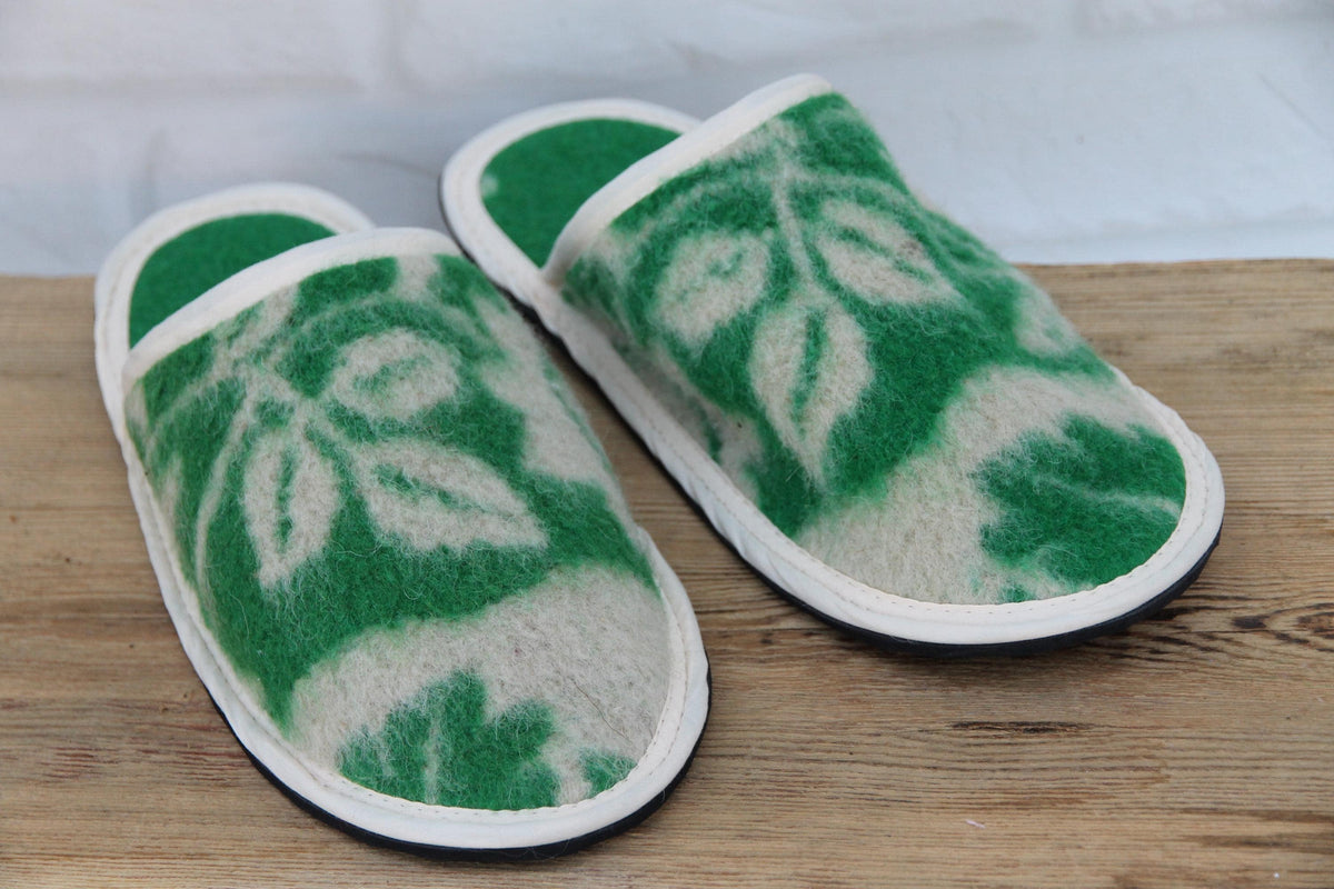 Upcycled Wool Botanical Pattern Slippers – Handmade House Shoes (EU 42)
