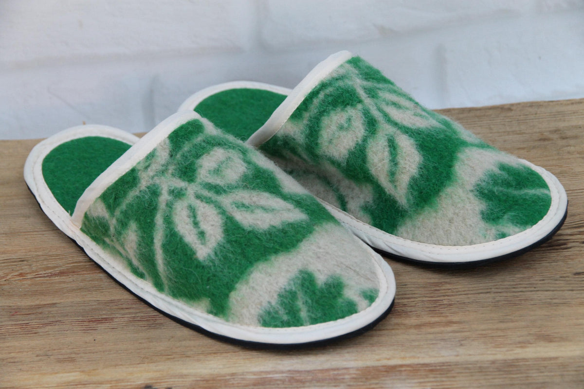 Upcycled Wool Botanical Pattern Slippers – Handmade House Shoes (EU 42)