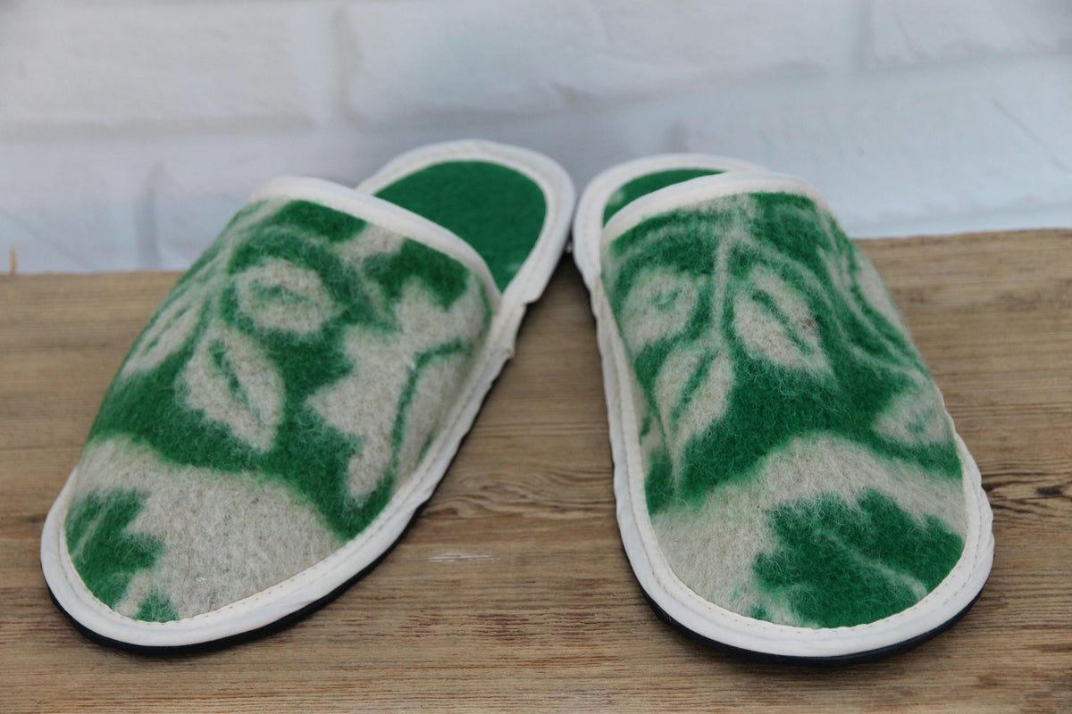 Upcycled Wool Botanical Pattern Slippers – Handmade House Shoes (EU 42)