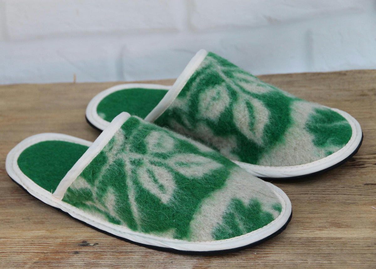 Upcycled Wool Botanical Pattern Slippers – Handmade House Shoes (EU 42)
