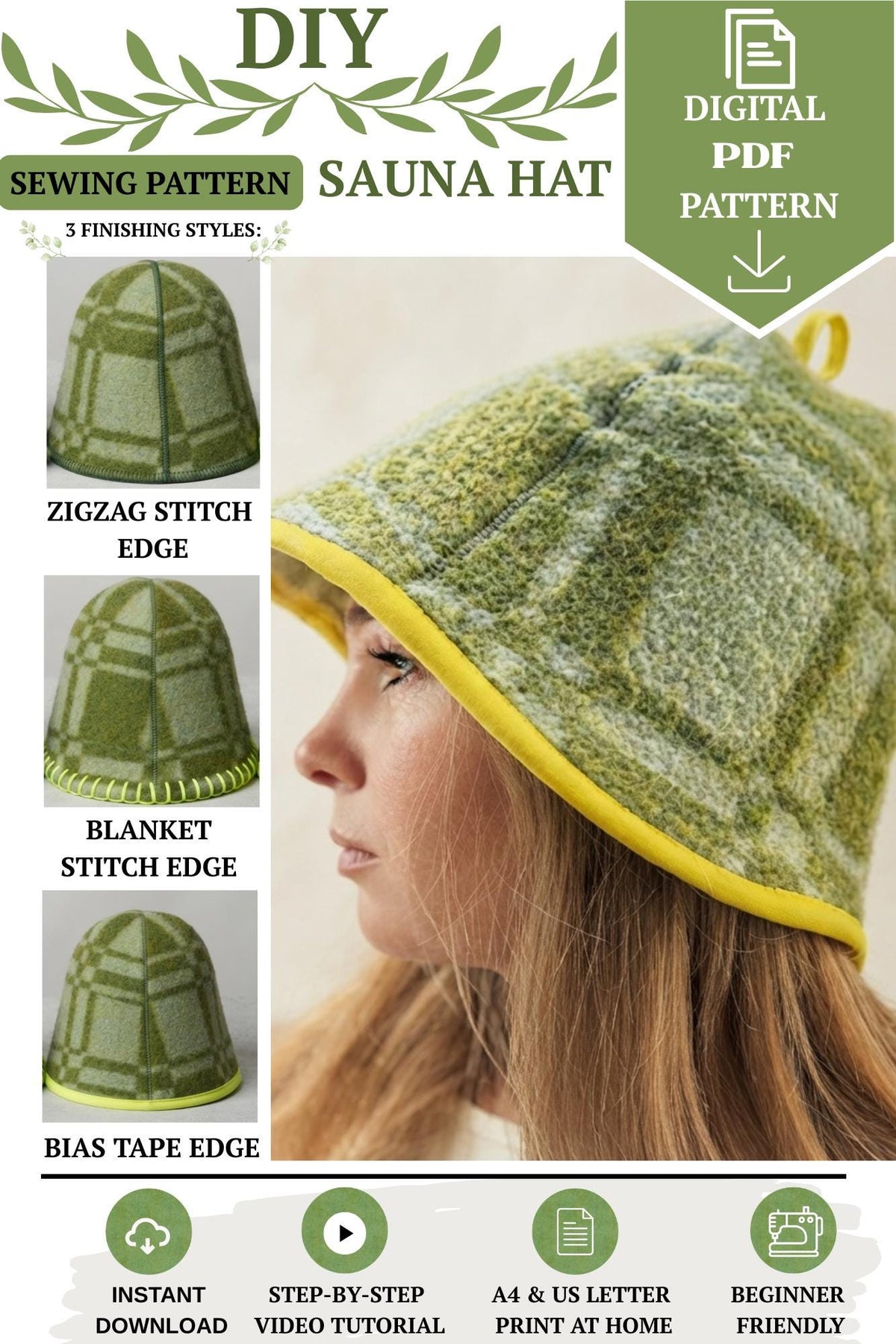 Sauna Hat Sewing Pattern PDF, 3 Styles, Video Tutorial (Digital Download, Instant Download)