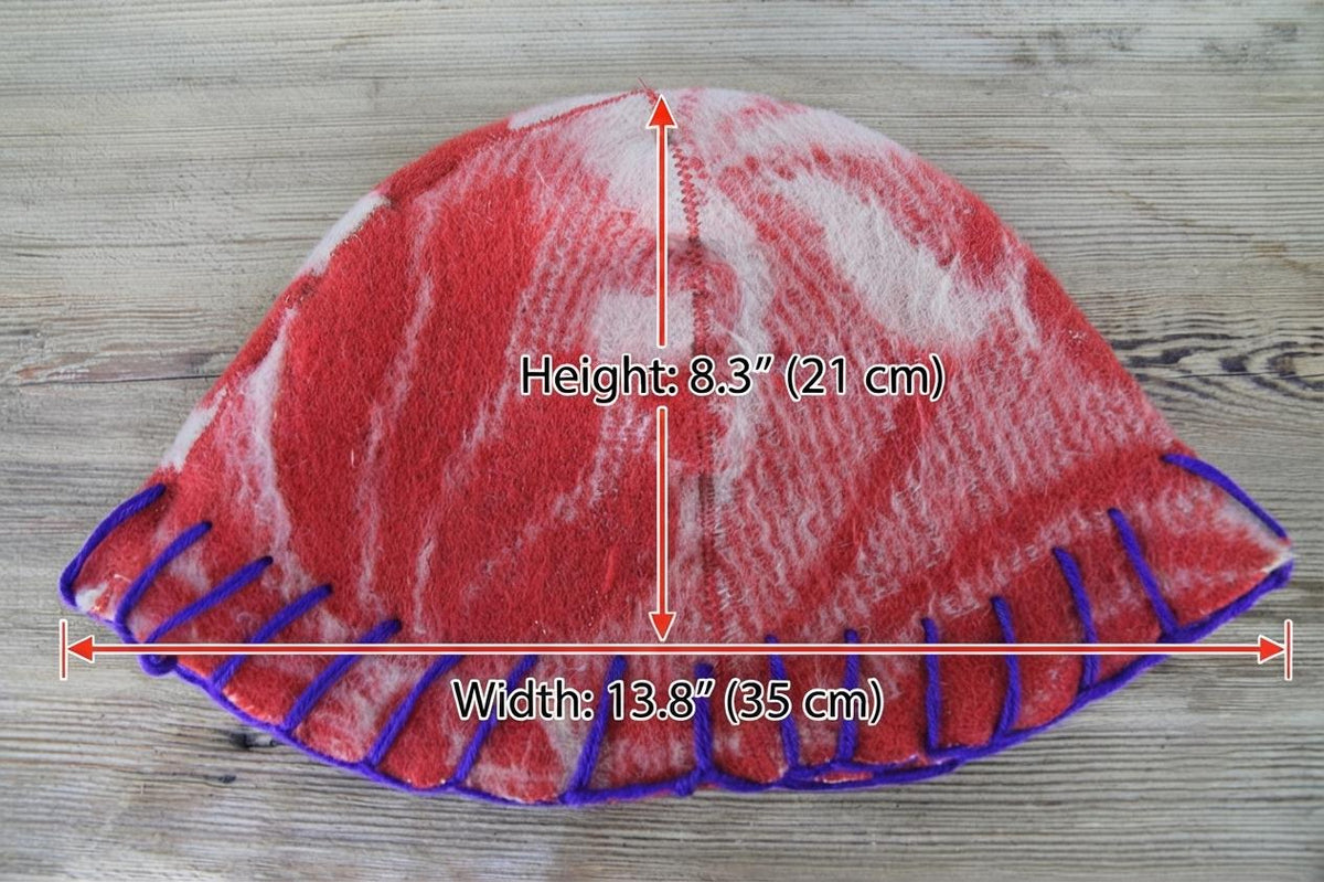 Reversible Wool Sauna Hat, Red Cream Banya Cap, Handfelted Heat Protection (35x21cm)