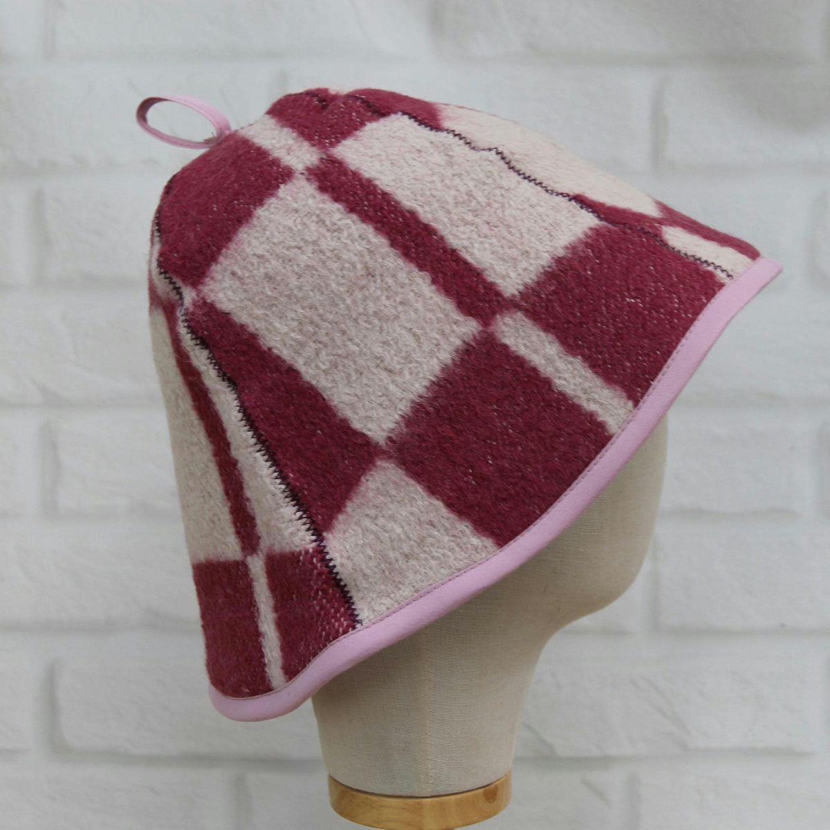 Upcycled Wool Sauna Hat, Checkered Bath House Cap, Eco-Friendly Spa Accessory