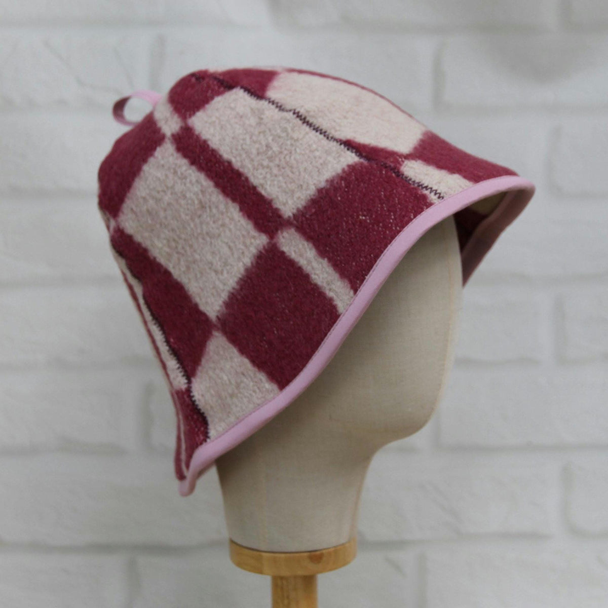 Upcycled Wool Sauna Hat, Checkered Bath House Cap, Eco-Friendly Spa Accessory