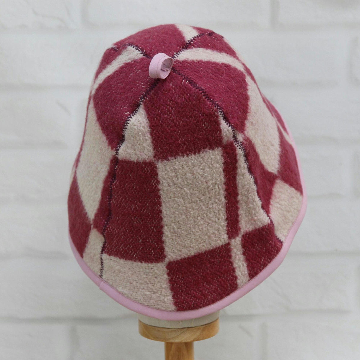 Upcycled Wool Sauna Hat, Checkered Bath House Cap, Eco-Friendly Spa Accessory