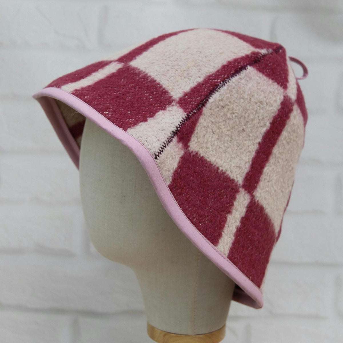 Upcycled Wool Sauna Hat, Checkered Bath House Cap, Eco-Friendly Spa Accessory