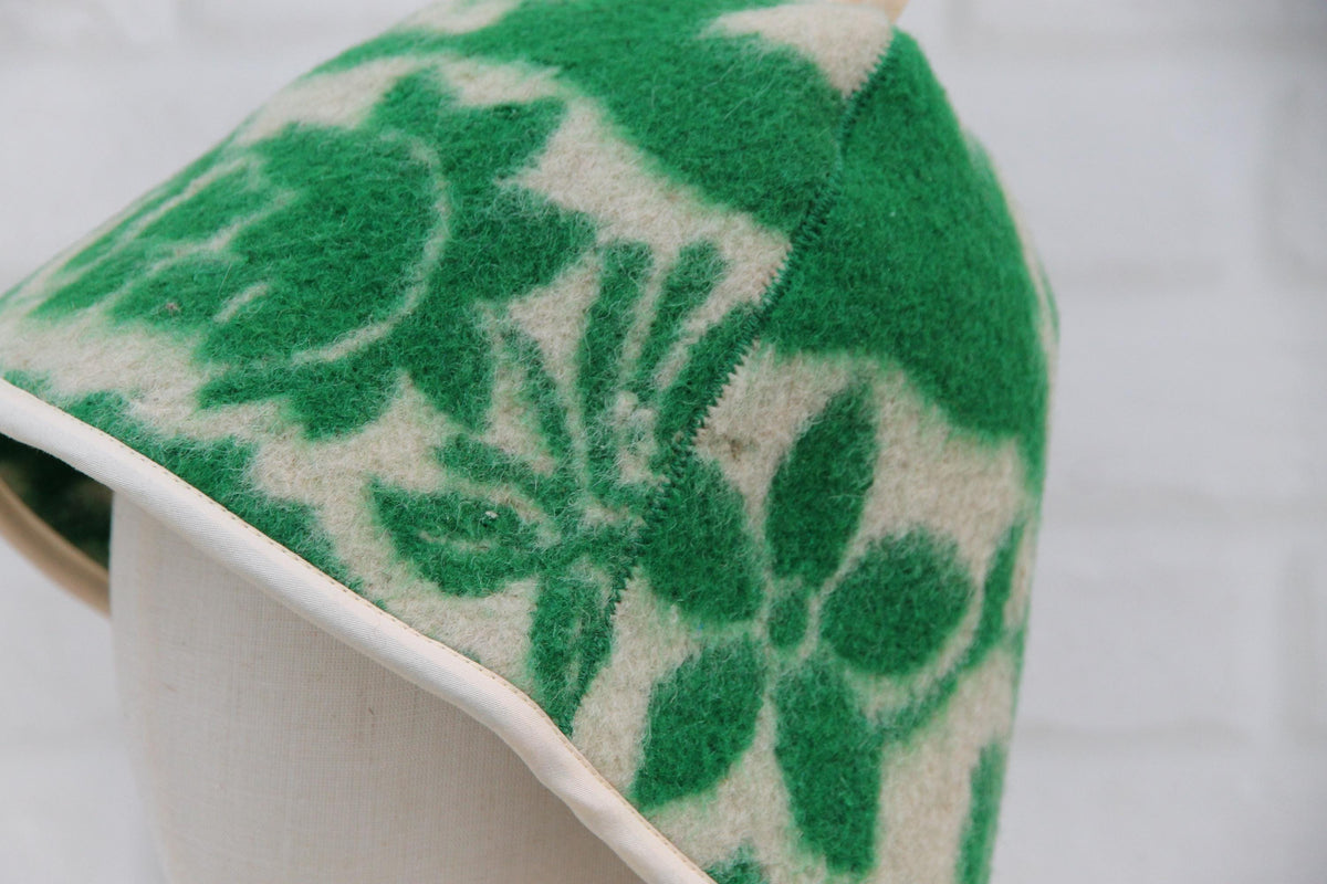 Handmade Felted Wool Sauna Hat, Green Floral Banya Cap, Spa Head Protection, Bath Accessory
