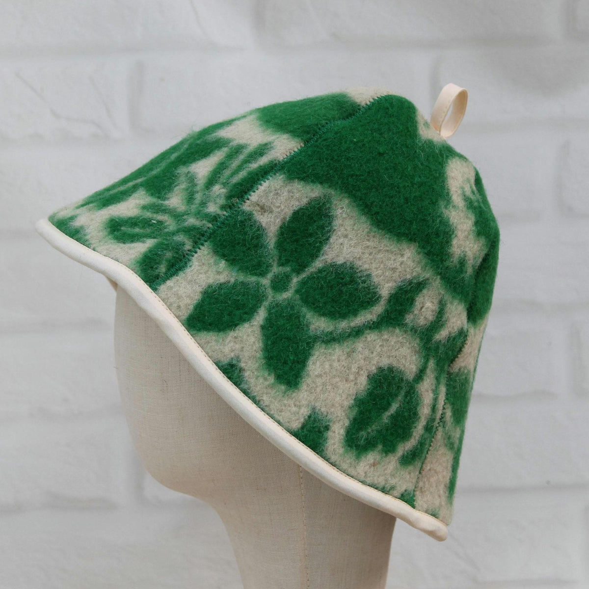 Handmade Felted Wool Sauna Hat, Green Floral Banya Cap, Spa Head Protection, Bath Accessory