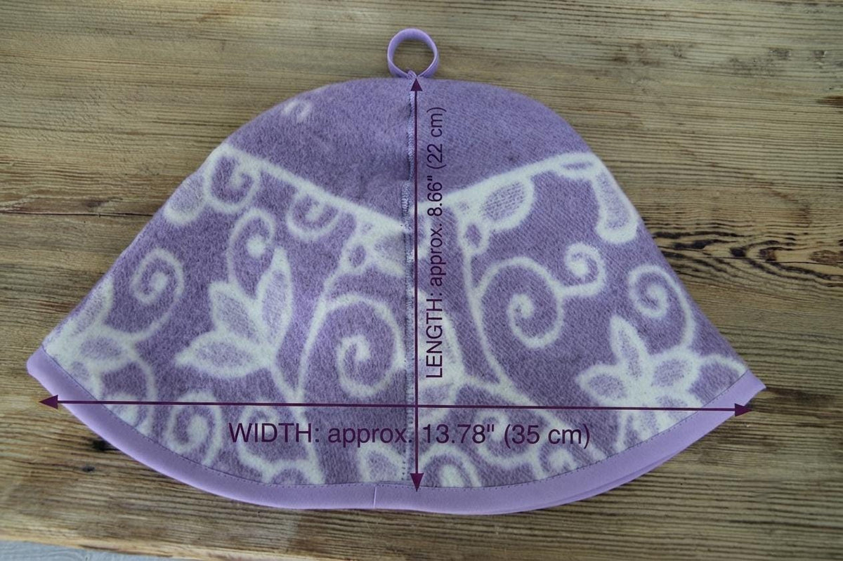 Reversible Lavender Floral Wool Sauna Hat, Banya Spa Head Protection, Bucket Style