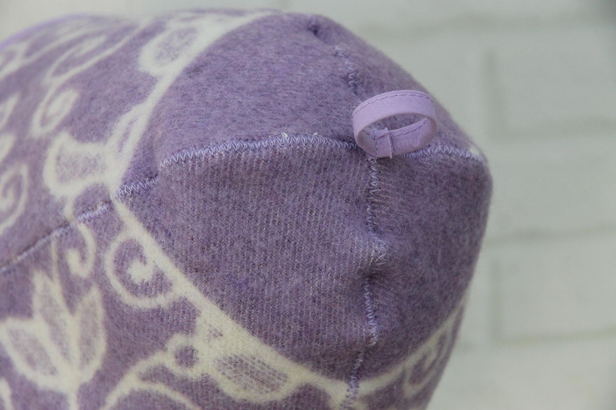 Reversible Lavender Floral Wool Sauna Hat, Banya Spa Head Protection, Bucket Style