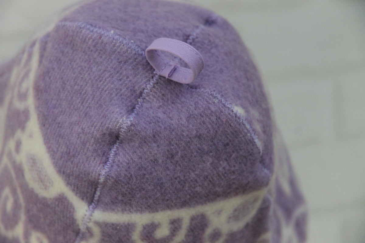 Reversible Lavender Floral Wool Sauna Hat, Banya Spa Head Protection, Bucket Style