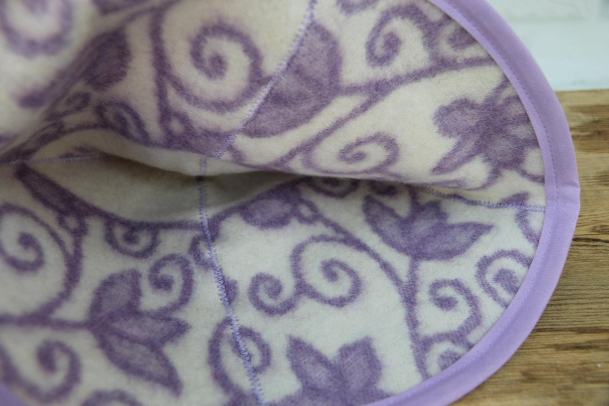 Reversible Lavender Floral Wool Sauna Hat, Banya Spa Head Protection, Bucket Style