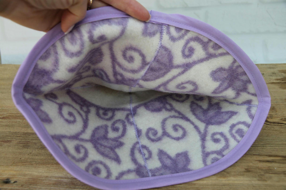 Reversible Lavender Floral Wool Sauna Hat, Banya Spa Head Protection, Bucket Style
