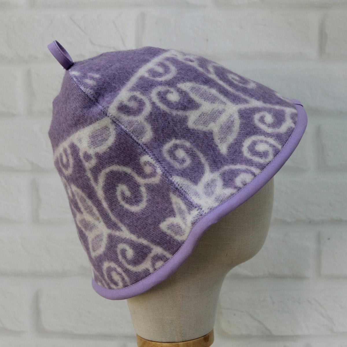 Reversible Lavender Floral Wool Sauna Hat, Banya Spa Head Protection, Bucket Style