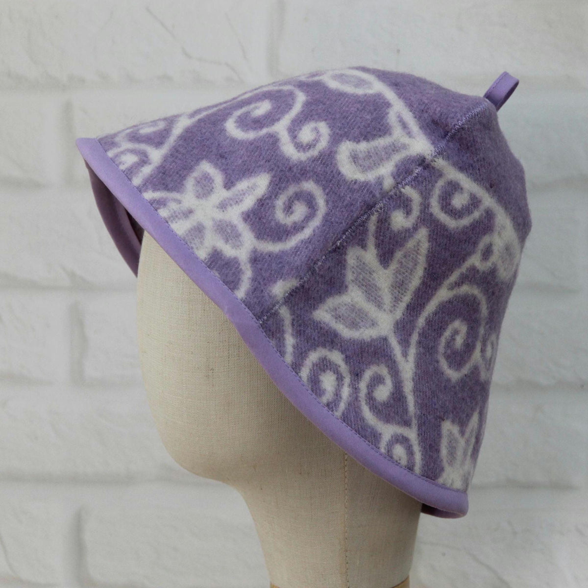 Reversible Lavender Floral Wool Sauna Hat, Banya Spa Head Protection, Bucket Style