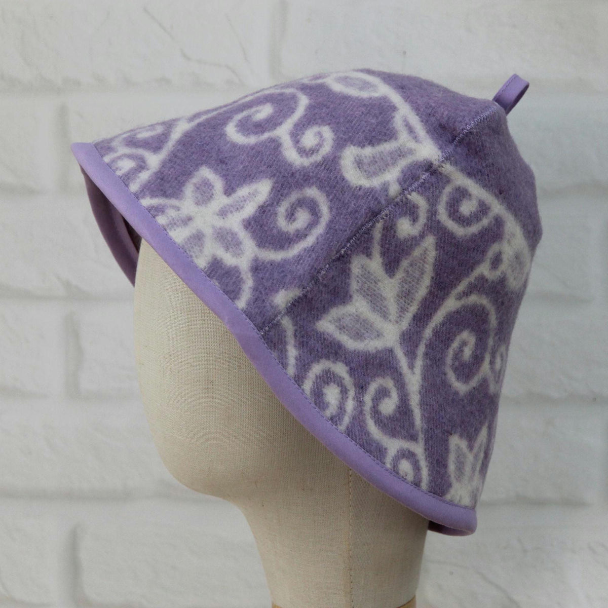 Reversible Lavender Floral Wool Sauna Hat, Banya Spa Head Protection, Bucket Style