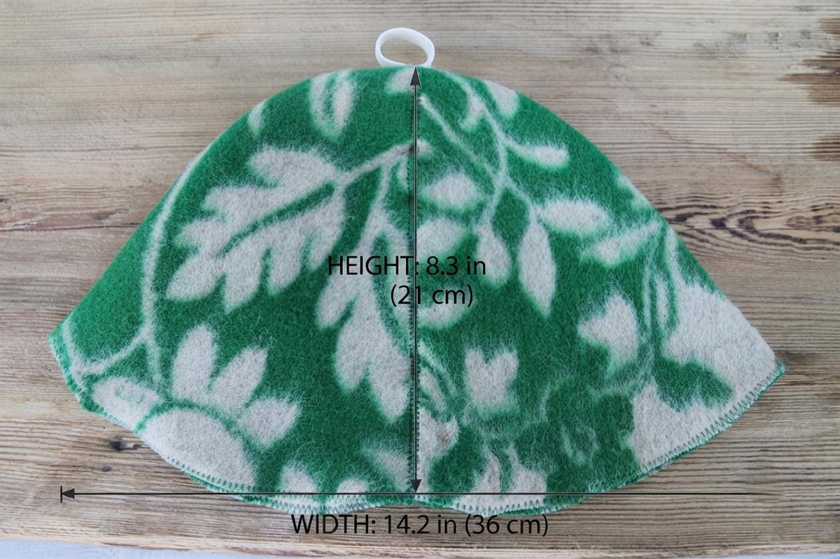 Upcycled Wool Sauna Hat, Green Leaf Pattern Banya Cap, Heat Protection Steam Room Accessory