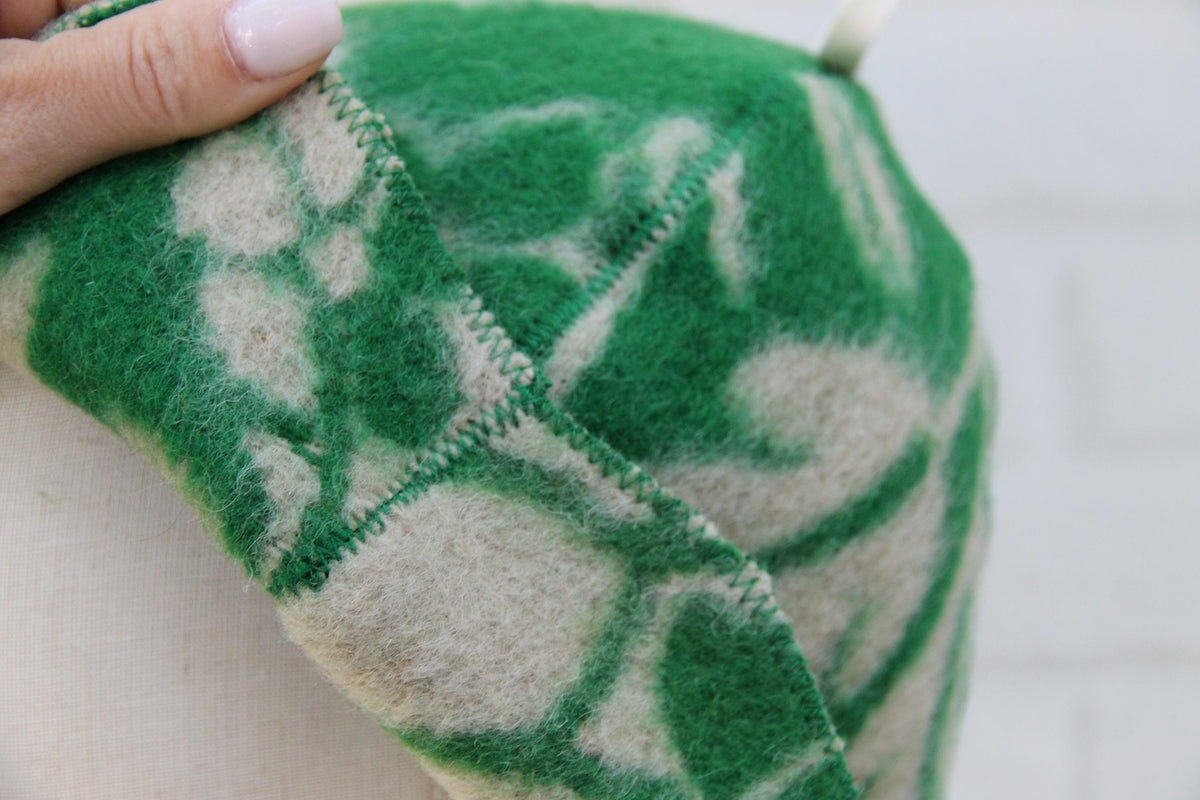 Upcycled Wool Sauna Hat, Green Leaf Pattern Banya Cap, Heat Protection Steam Room Accessory