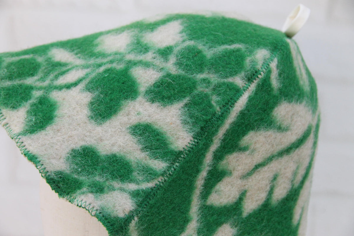 Upcycled Wool Sauna Hat, Green Leaf Pattern Banya Cap, Heat Protection Steam Room Accessory