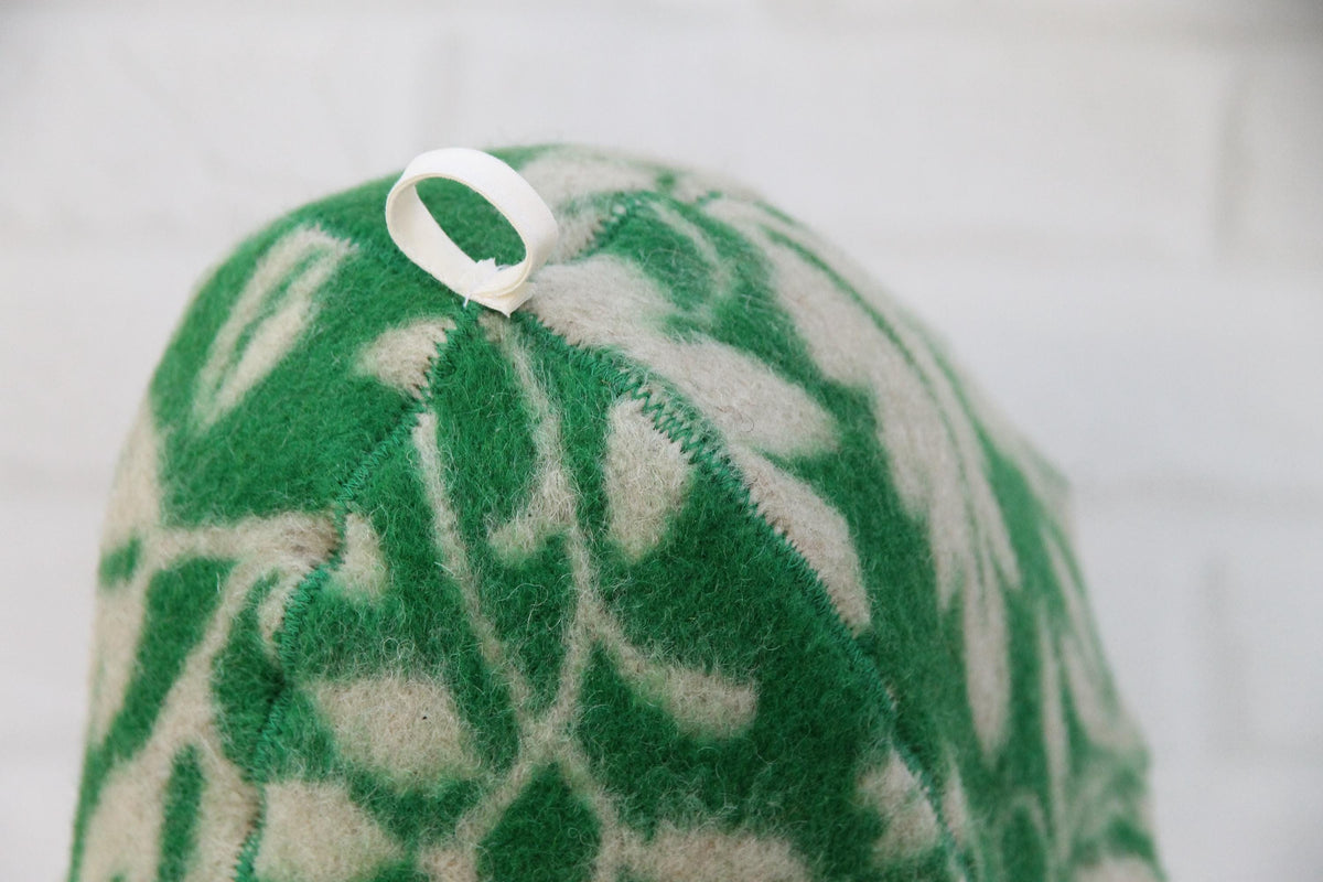 Upcycled Wool Sauna Hat, Green Leaf Pattern Banya Cap, Heat Protection Steam Room Accessory