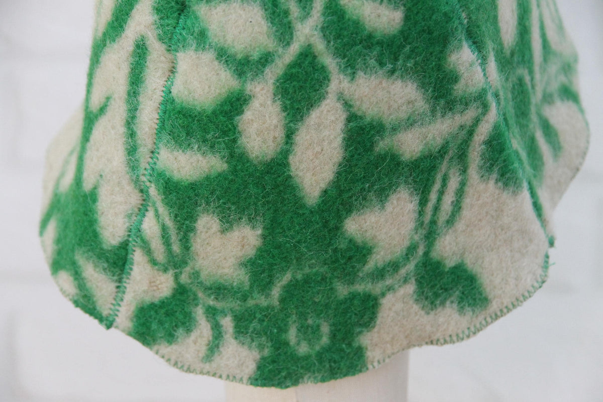 Upcycled Wool Sauna Hat, Green Leaf Pattern Banya Cap, Heat Protection Steam Room Accessory
