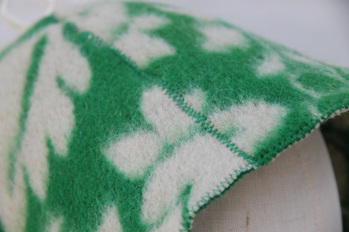 Upcycled Wool Sauna Hat, Green Leaf Pattern Banya Cap, Heat Protection Steam Room Accessory