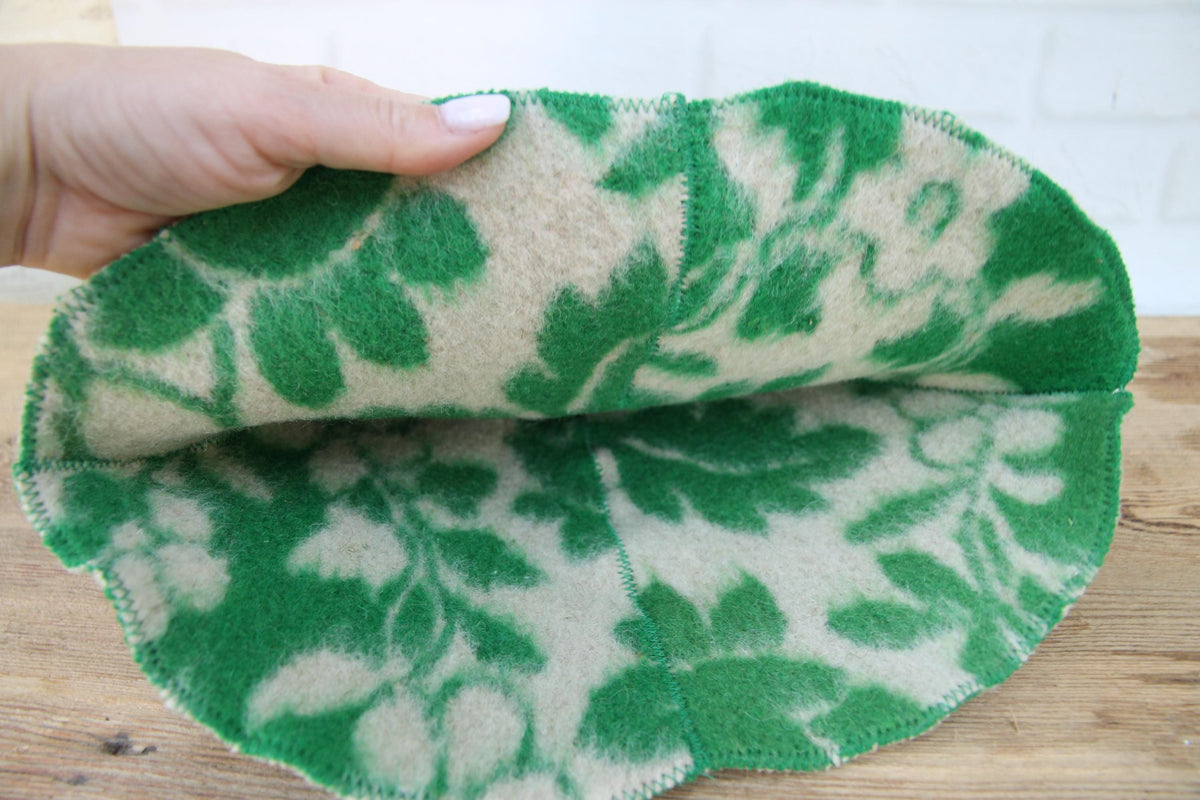 Upcycled Wool Sauna Hat, Green Leaf Pattern Banya Cap, Heat Protection Steam Room Accessory