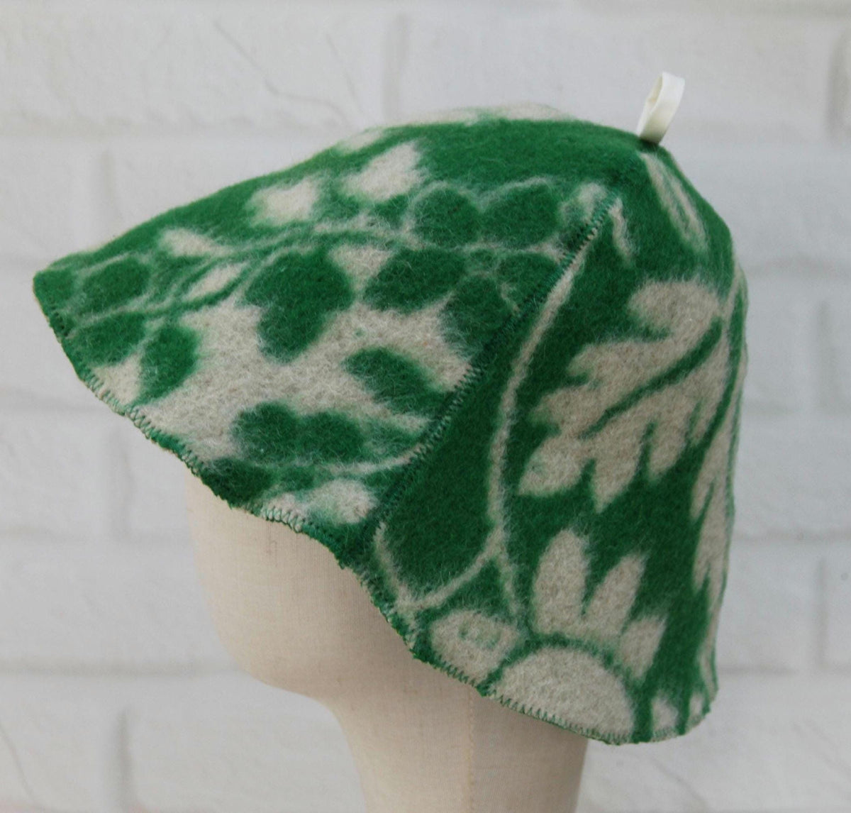 Upcycled Wool Sauna Hat, Green Leaf Pattern Banya Cap, Heat Protection Steam Room Accessory