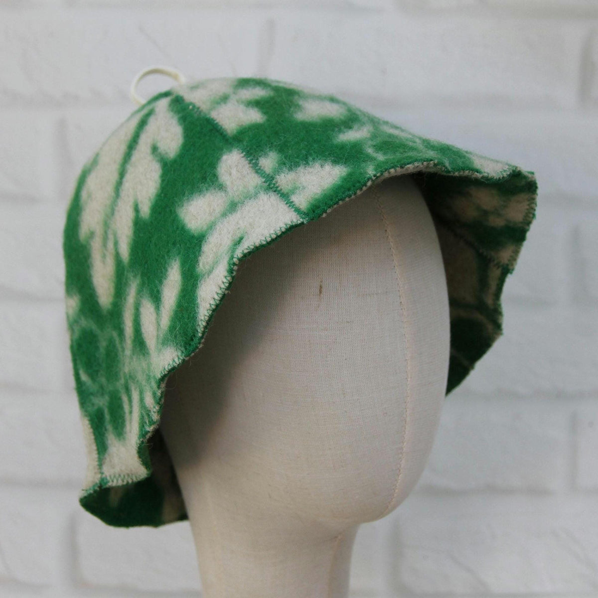 Upcycled Wool Sauna Hat, Green Leaf Pattern Banya Cap, Heat Protection Steam Room Accessory