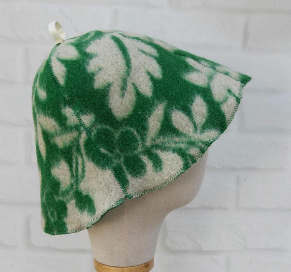 Upcycled Wool Sauna Hat, Green Leaf Pattern Banya Cap, Heat Protection Steam Room Accessory