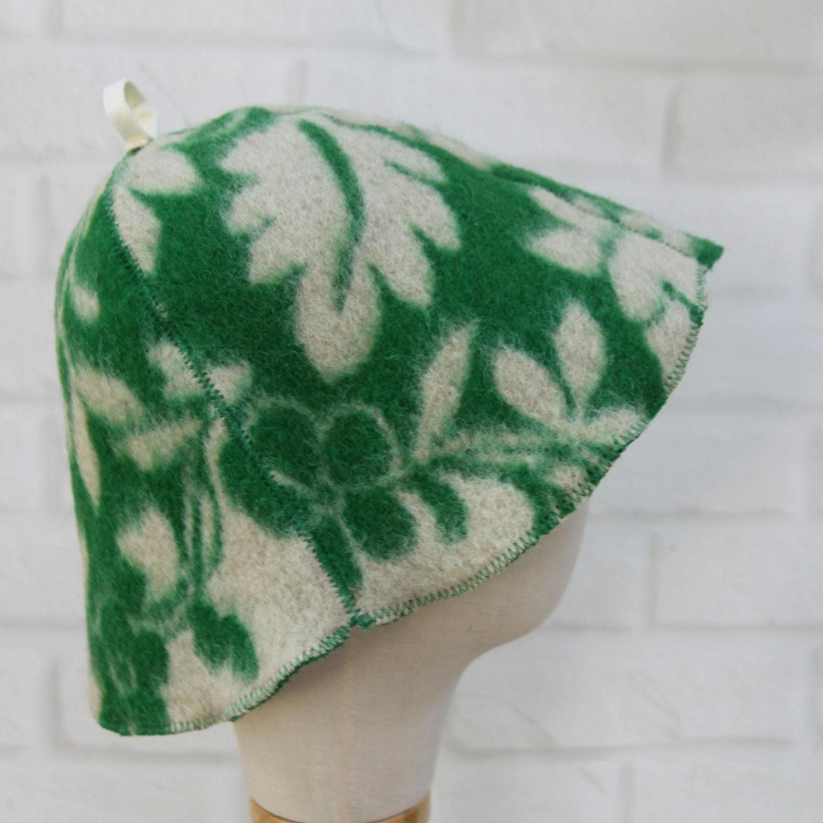Upcycled Wool Sauna Hat, Green Leaf Pattern Banya Cap, Heat Protection Steam Room Accessory