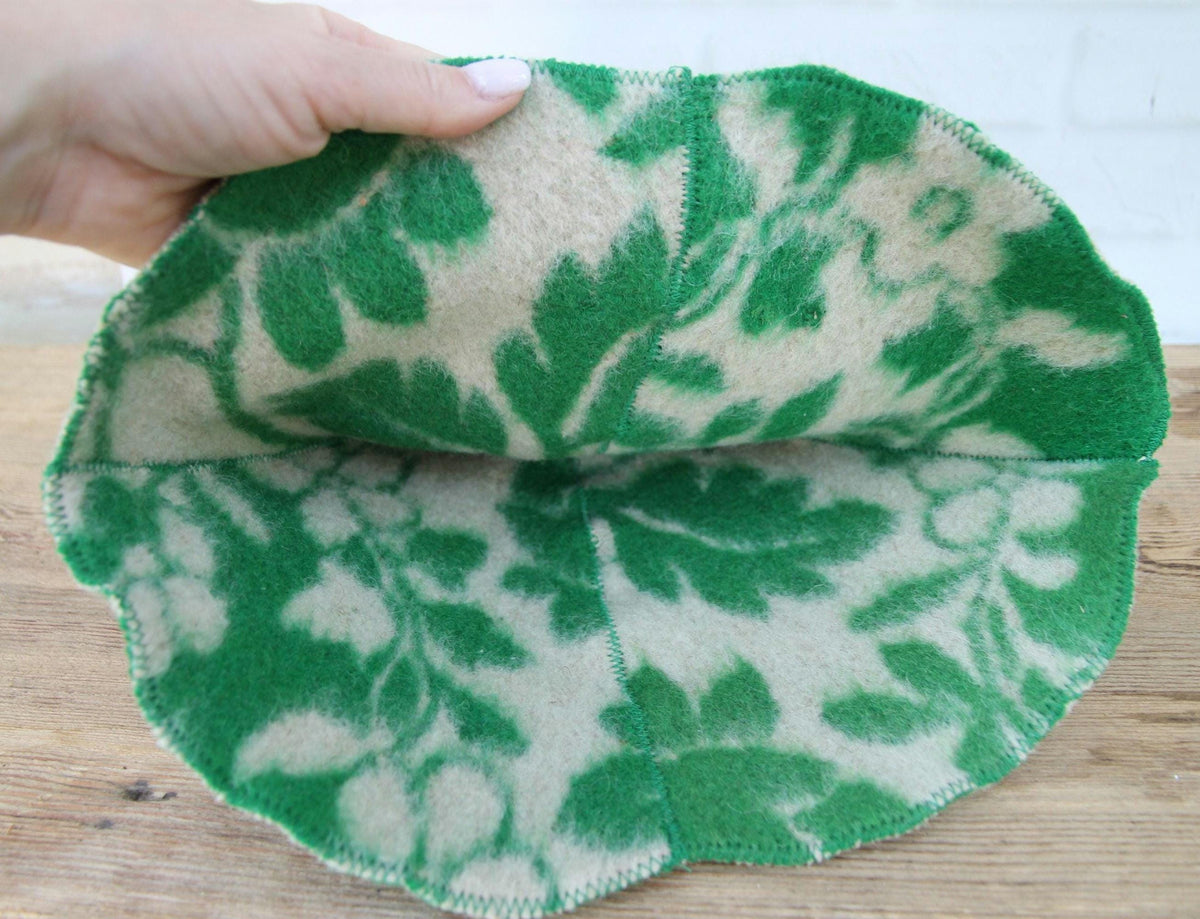 Upcycled Wool Sauna Hat, Green Leaf Pattern Banya Cap, Heat Protection Steam Room Accessory