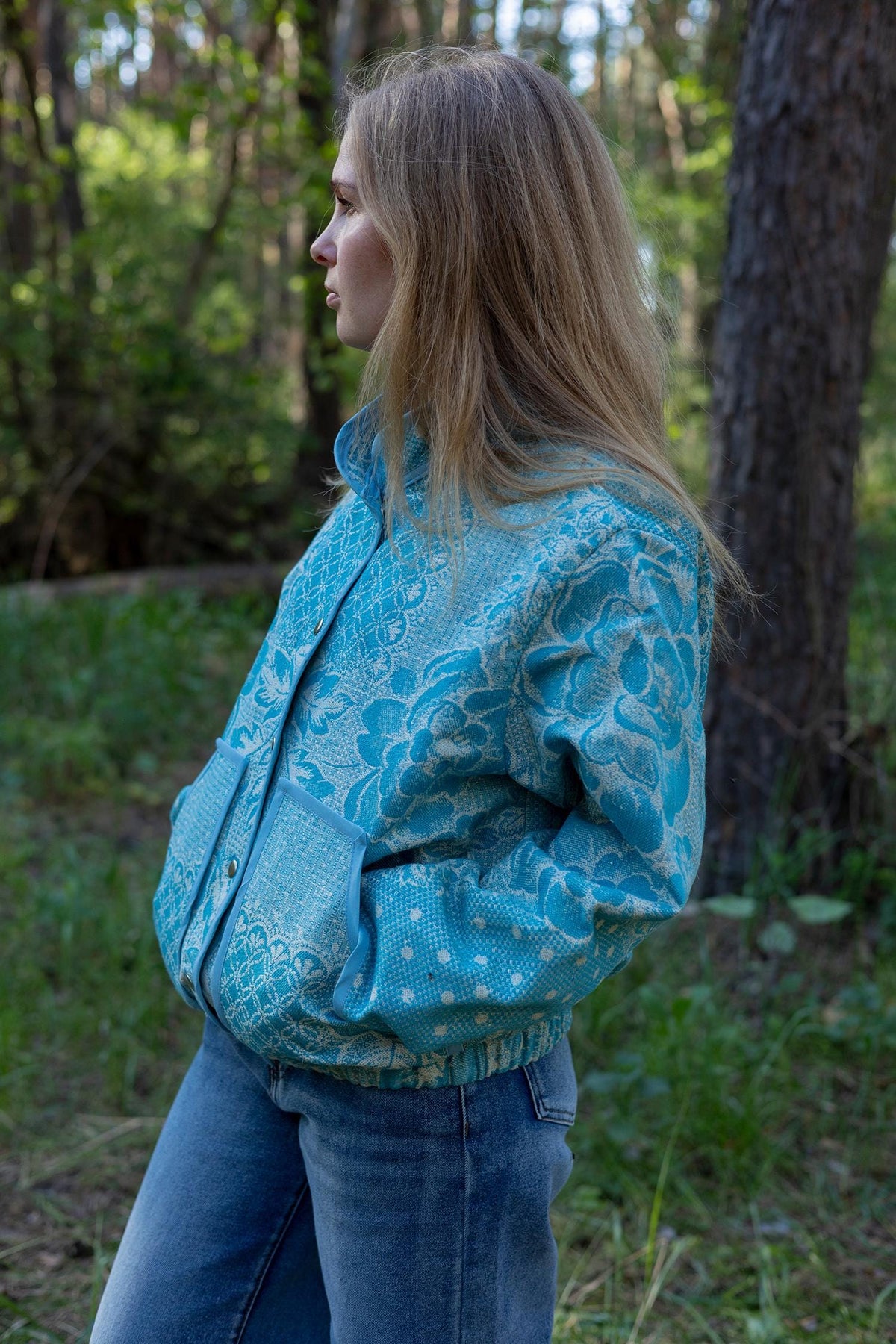 Upcycled Vintage Blanket Bomber Jacket, Turquoise Boho Quilted Outerwear M-L