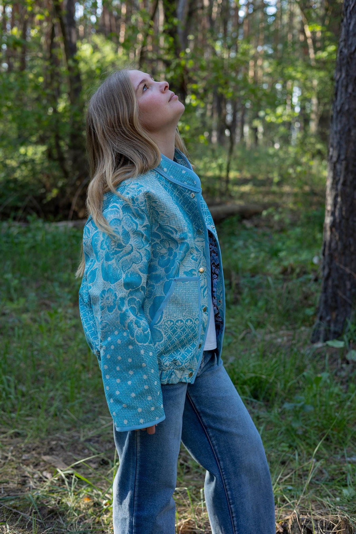 Upcycled Vintage Blanket Bomber Jacket, Turquoise Boho Quilted Outerwear M-L