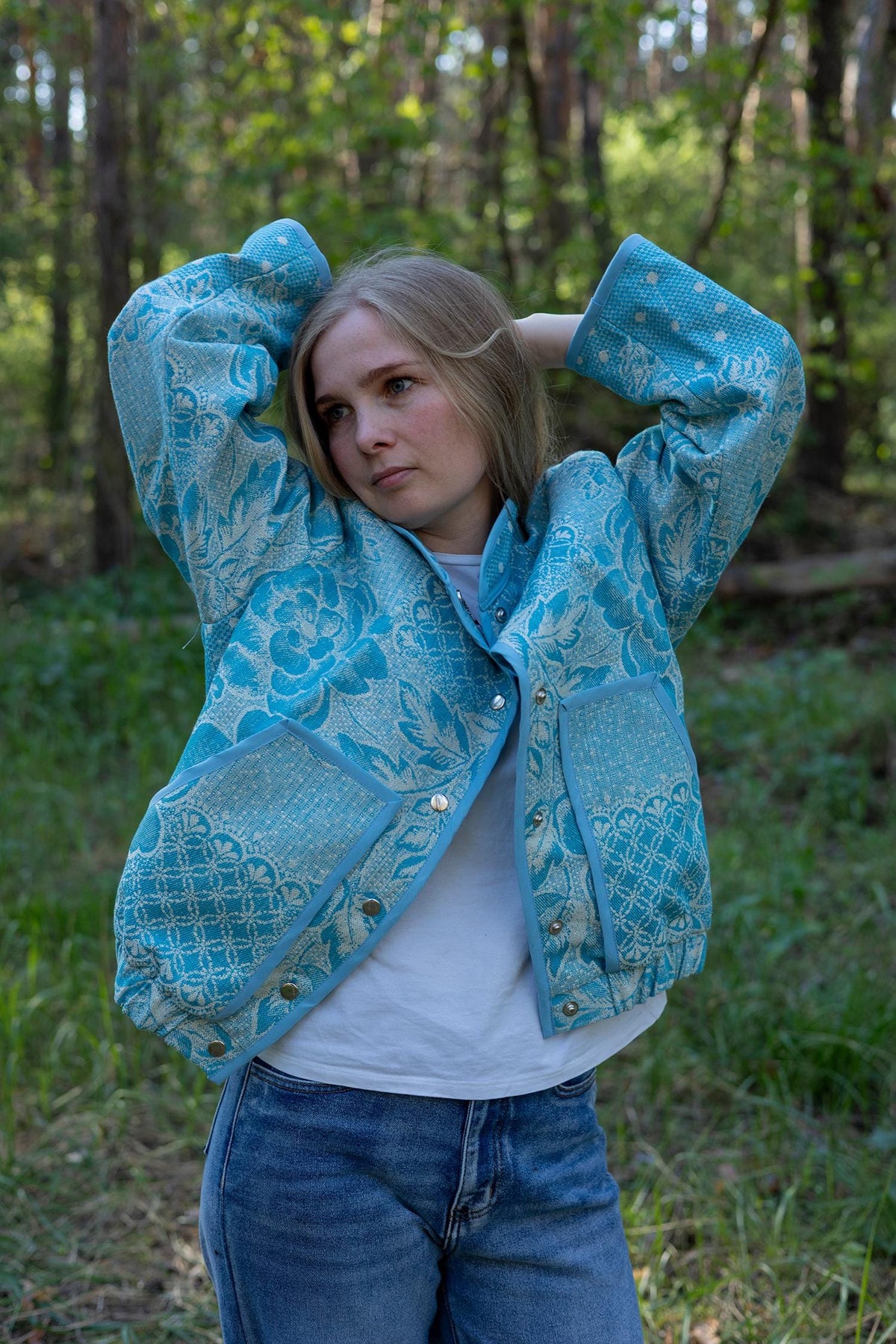 Upcycled Vintage Blanket Bomber Jacket, Turquoise Boho Quilted Outerwear M-L