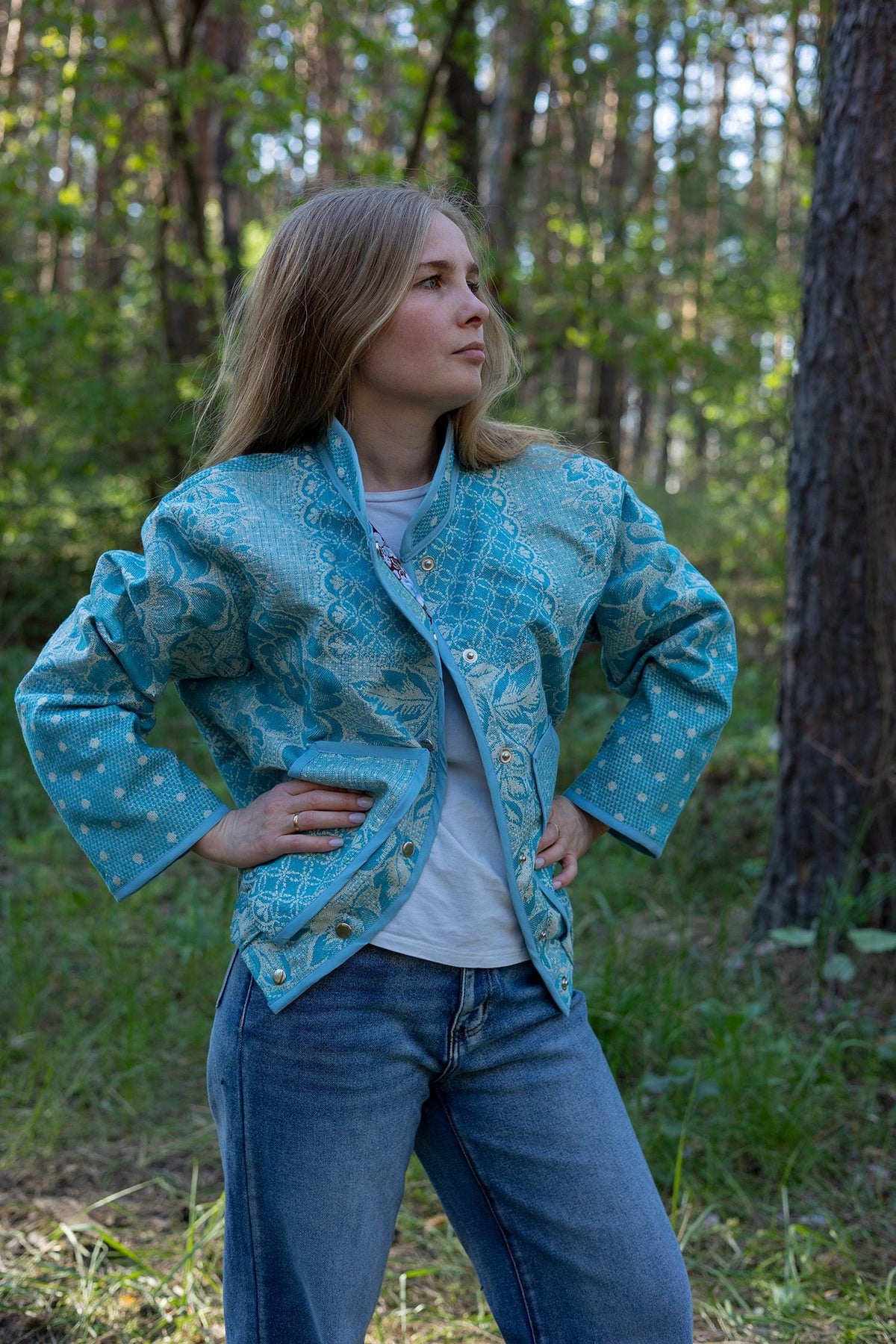 Upcycled Vintage Blanket Bomber Jacket, Turquoise Boho Quilted Outerwear M-L