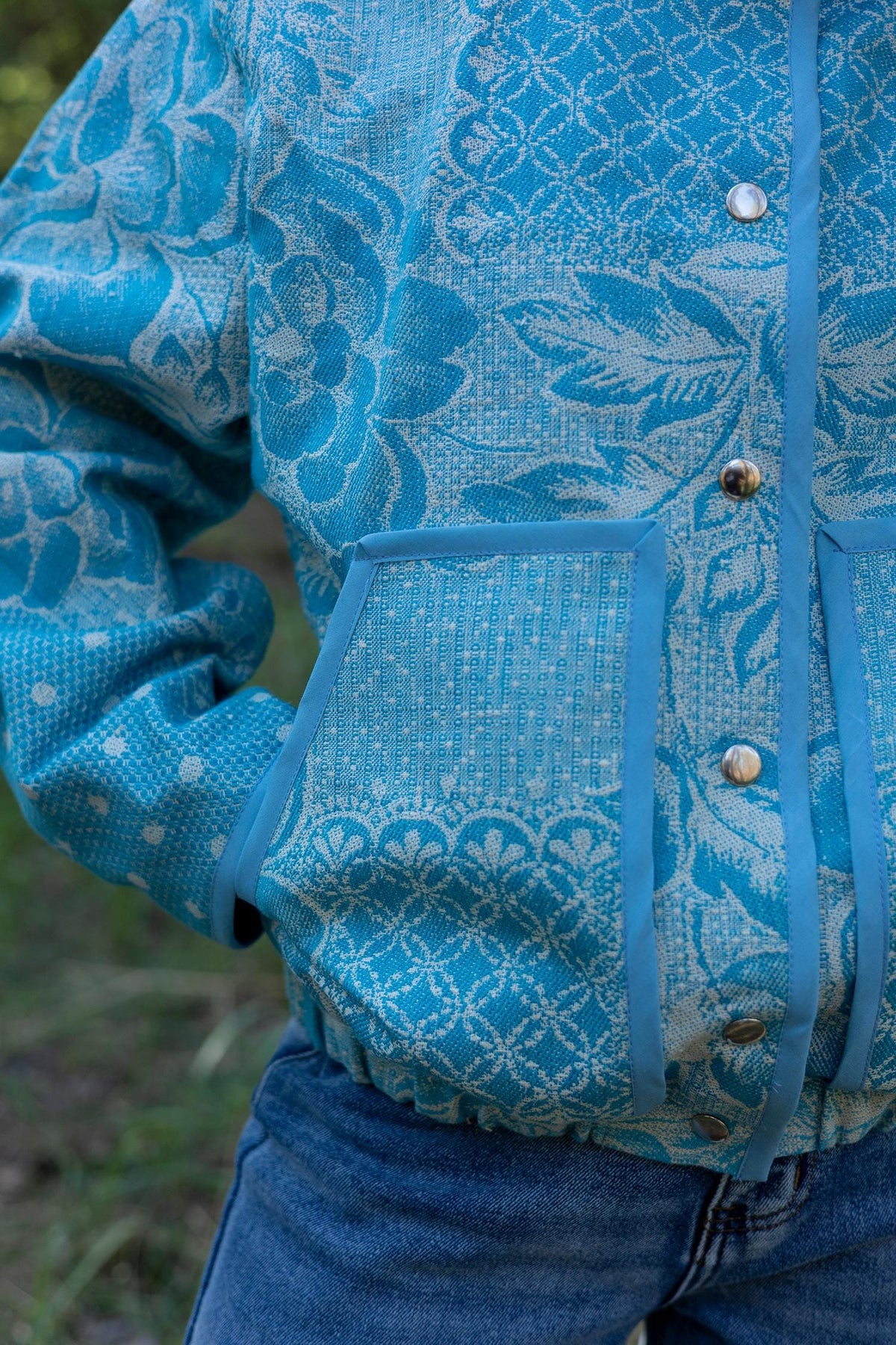 Upcycled Vintage Blanket Bomber Jacket, Turquoise Boho Quilted Outerwear M-L